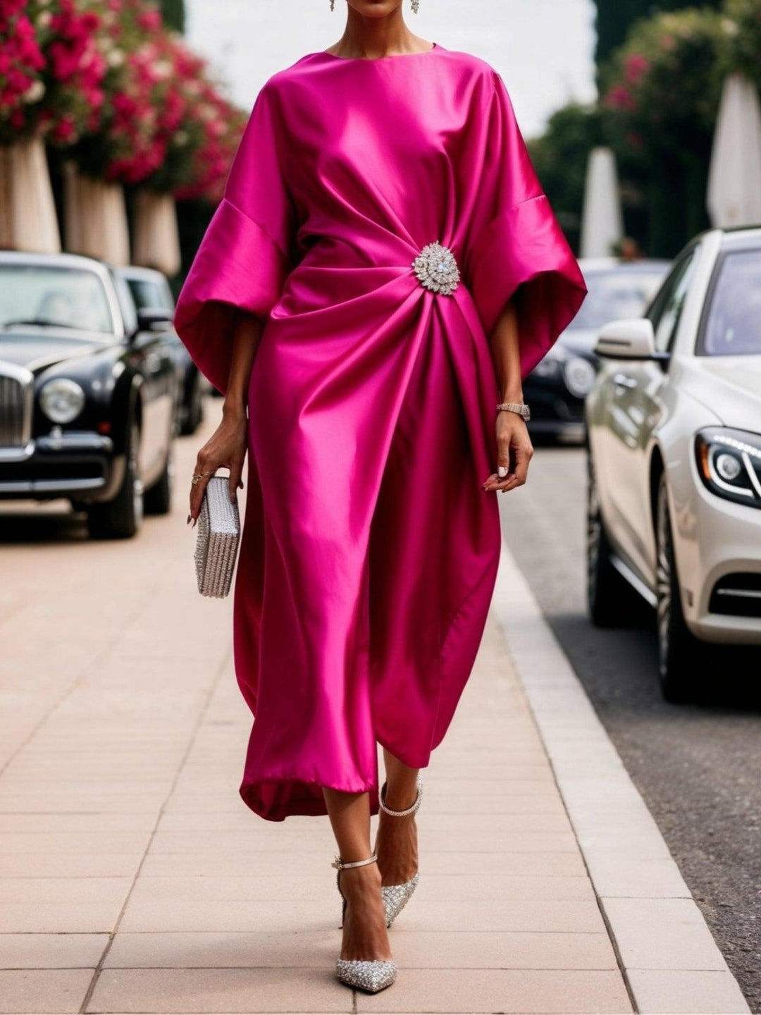 MAXI DRESS IN SHIMMER SATIN WITH RUFFLING AND BOAT NECK