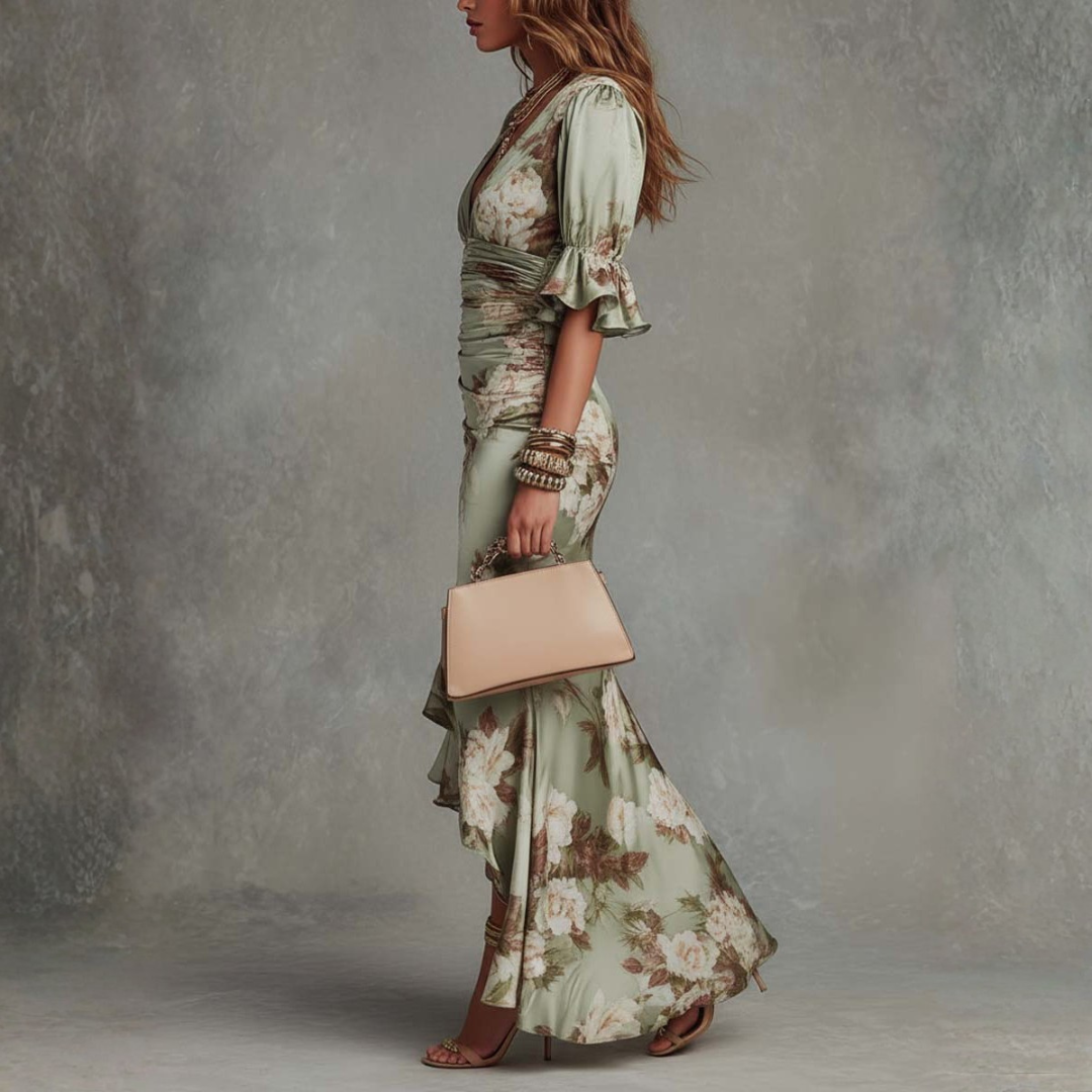 Whitney | Asymmetrical Long Green Satin Dress