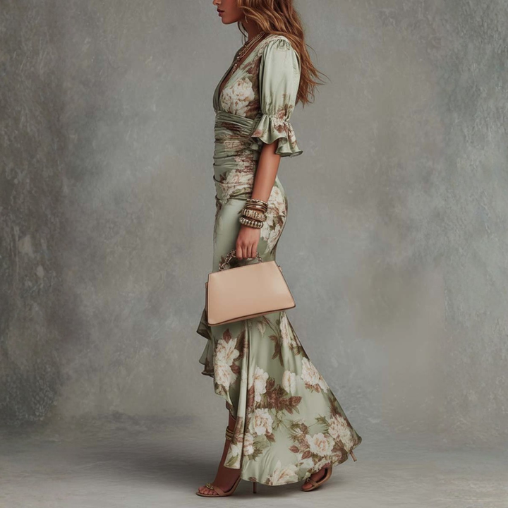 Whitney | Asymmetrical Long Green Satin Dress