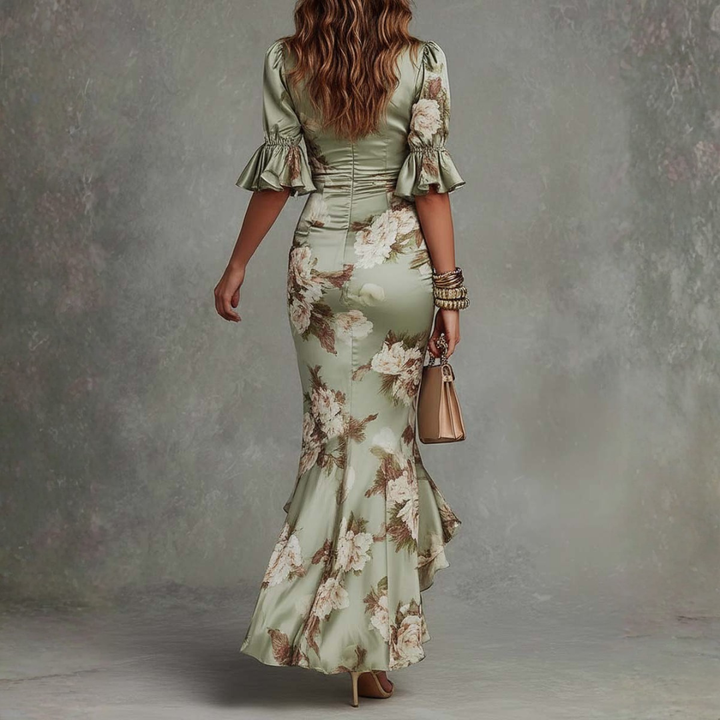 Whitney | Asymmetrical Long Green Satin Dress