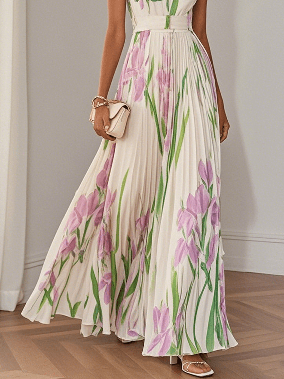 FLORAL PLEATED MAXI DRESS WITH SQUARE NECK