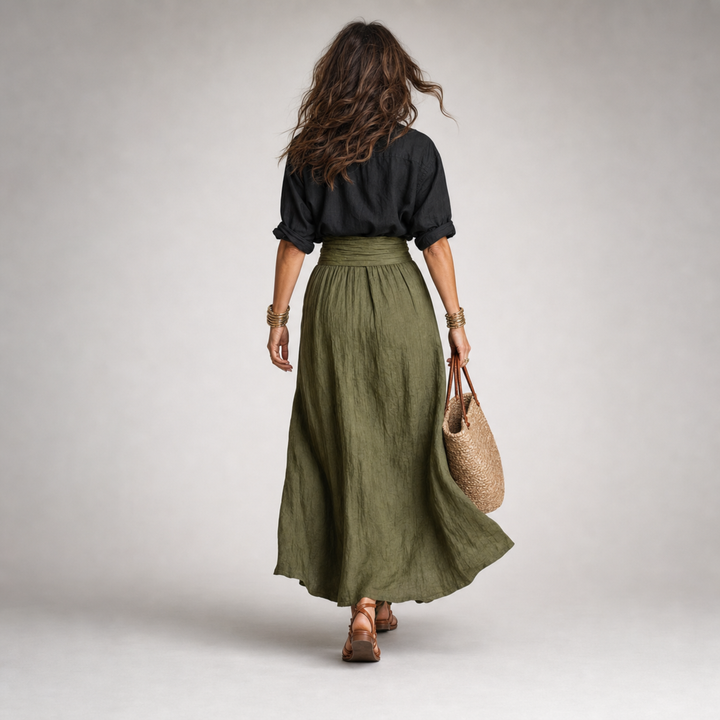 Ashley Set — Black Linen Shirt & Olive Midi Skirt