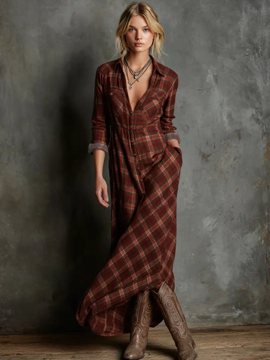 CHECKED MAXI SHIRT DRESS WITH LAPELS