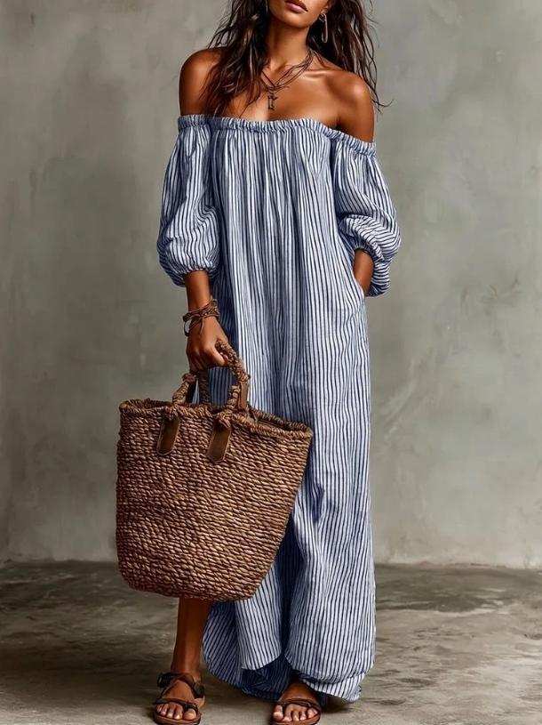 OFF-SHOULDER STRIPED MAXI DRESS