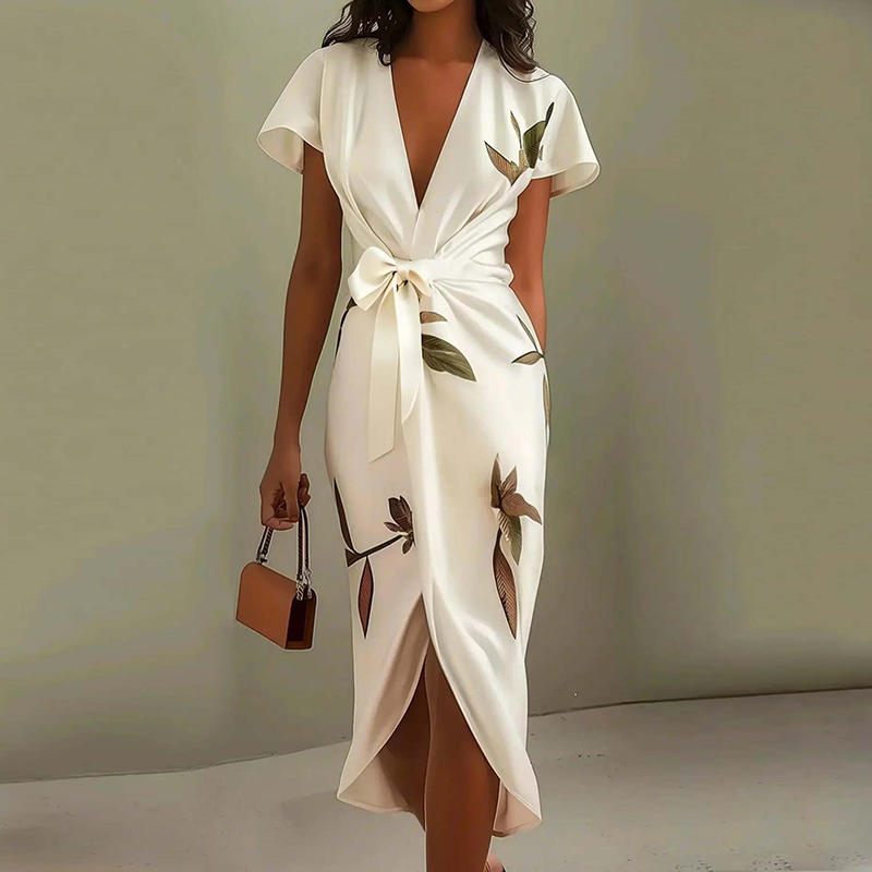 WRAP V-NECK MAXI DRESS WITH TIE