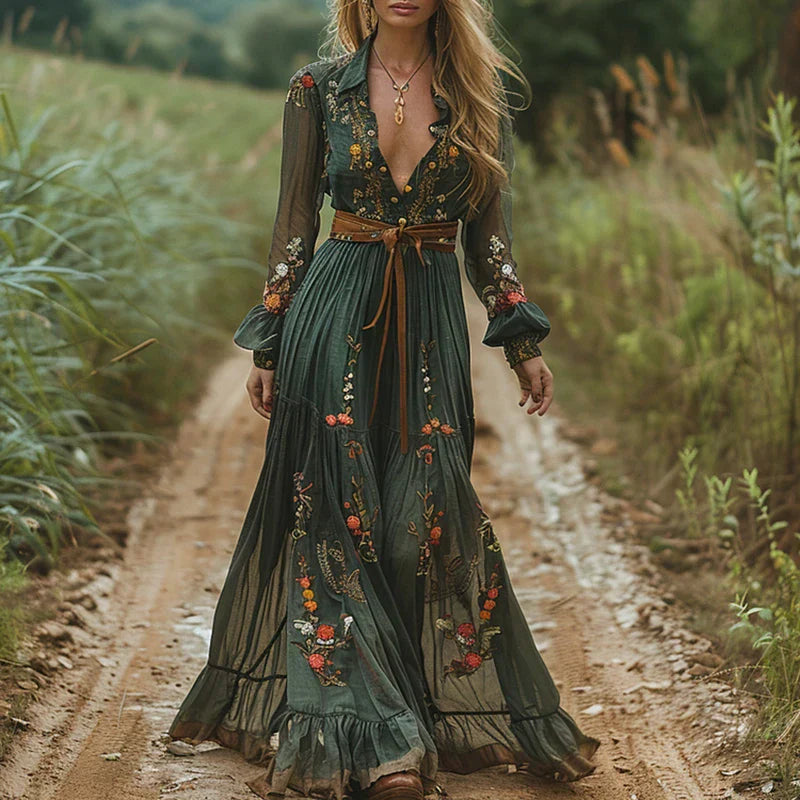 Holly | Embroidered Boho V Neck Maxi Dress