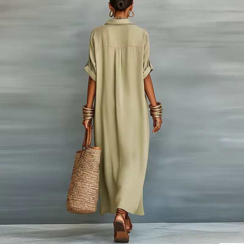 SHORT SLEEVE BUTTON-DOWN MAXI SHIRT DRESS