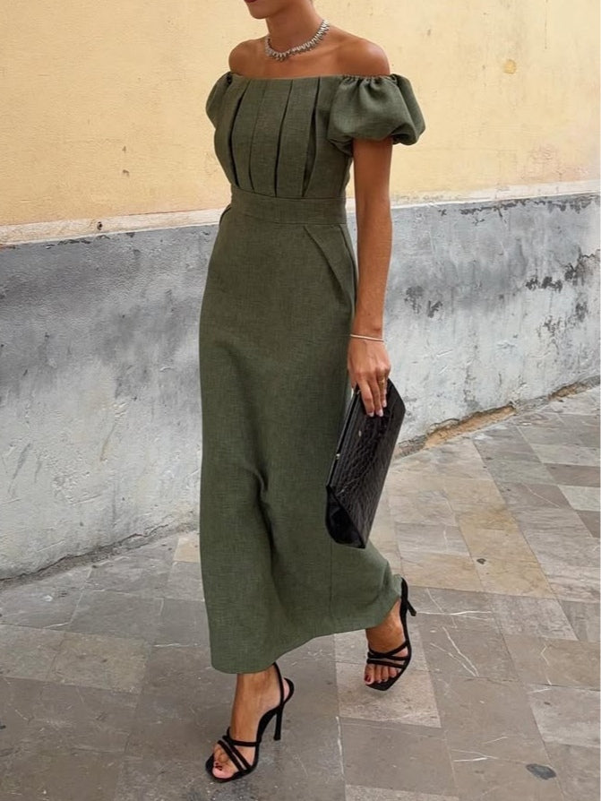 OFF-THE-SHOULDER MIDI DRESS WITH PUFF SLEEVES