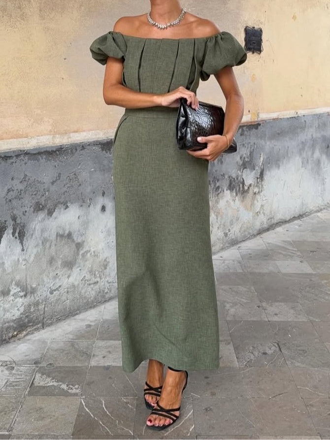 OFF-THE-SHOULDER MIDI DRESS WITH PUFF SLEEVES