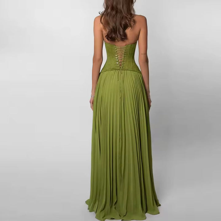 CORSET STRAP PLEATED MAXI DRESS