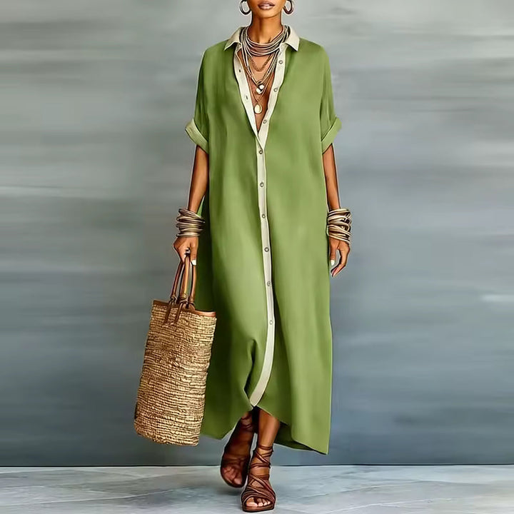 SHORT SLEEVE BUTTON-DOWN MAXI SHIRT DRESS