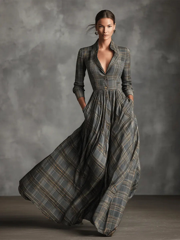 LINEN TARTAN MAXI DRESS WITH A-LINED SKIRT