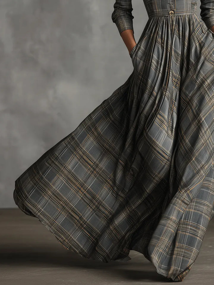 LINEN TARTAN MAXI DRESS WITH A-LINED SKIRT