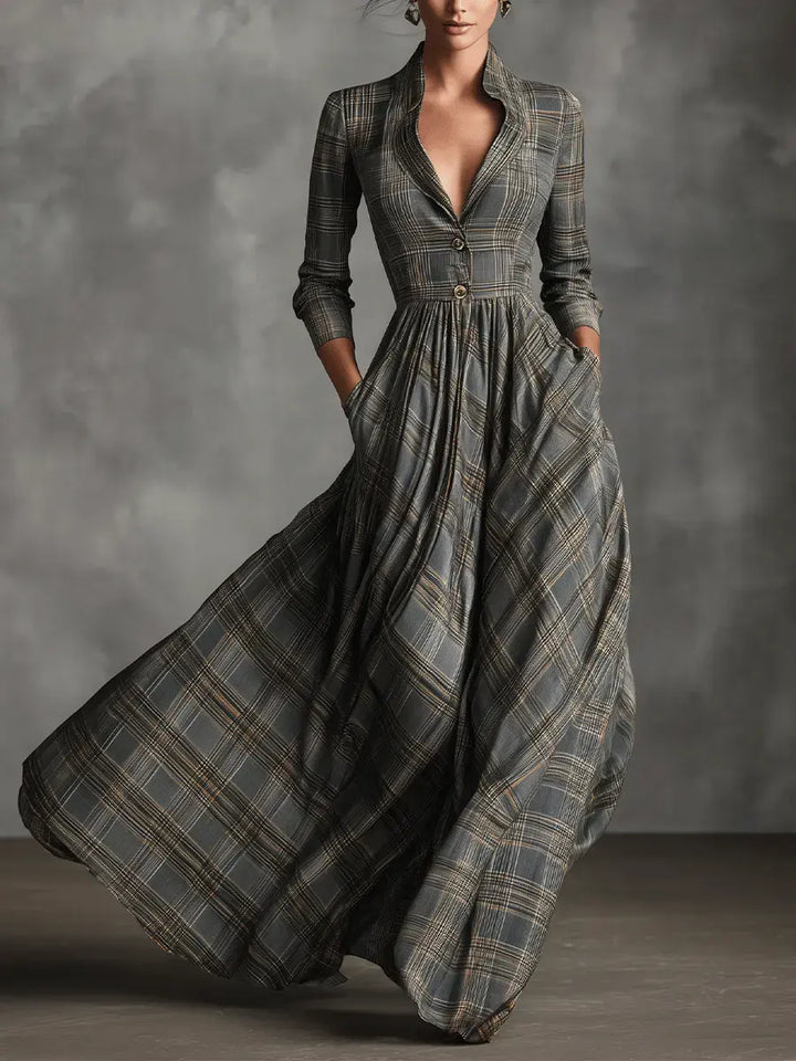 LINEN TARTAN MAXI DRESS WITH A-LINED SKIRT