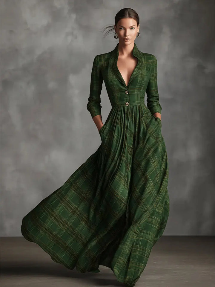 LINEN TARTAN MAXI DRESS WITH A-LINED SKIRT