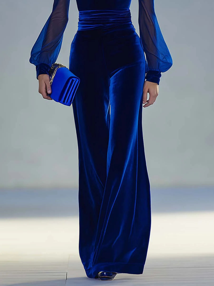 VELVET JUMPSUIT WITH V-NECK AND SHEER SLEEVES