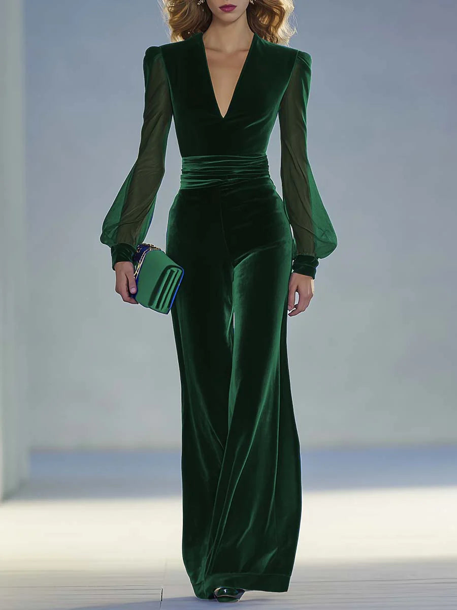 VELVET JUMPSUIT WITH V-NECK AND SHEER SLEEVES