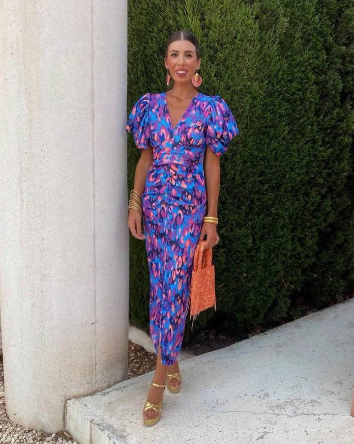 Aurora™ | Vibrant Midi Dress with Balloon Sleeves