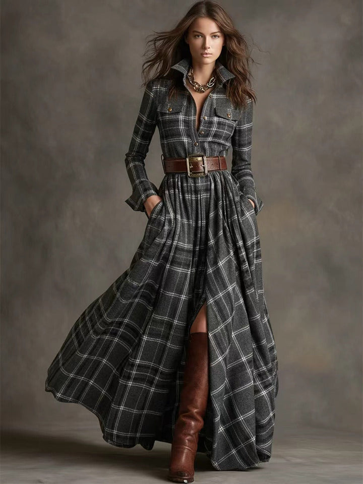 CHECKERED SHIRT DRESS WITH ADJUSTABLE BELT