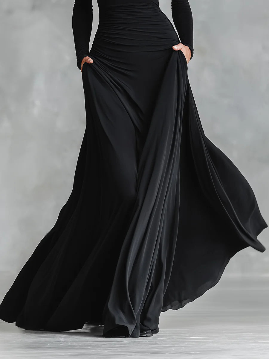 LONG BLACK PLEATED DRESS WITH BOAT NECK