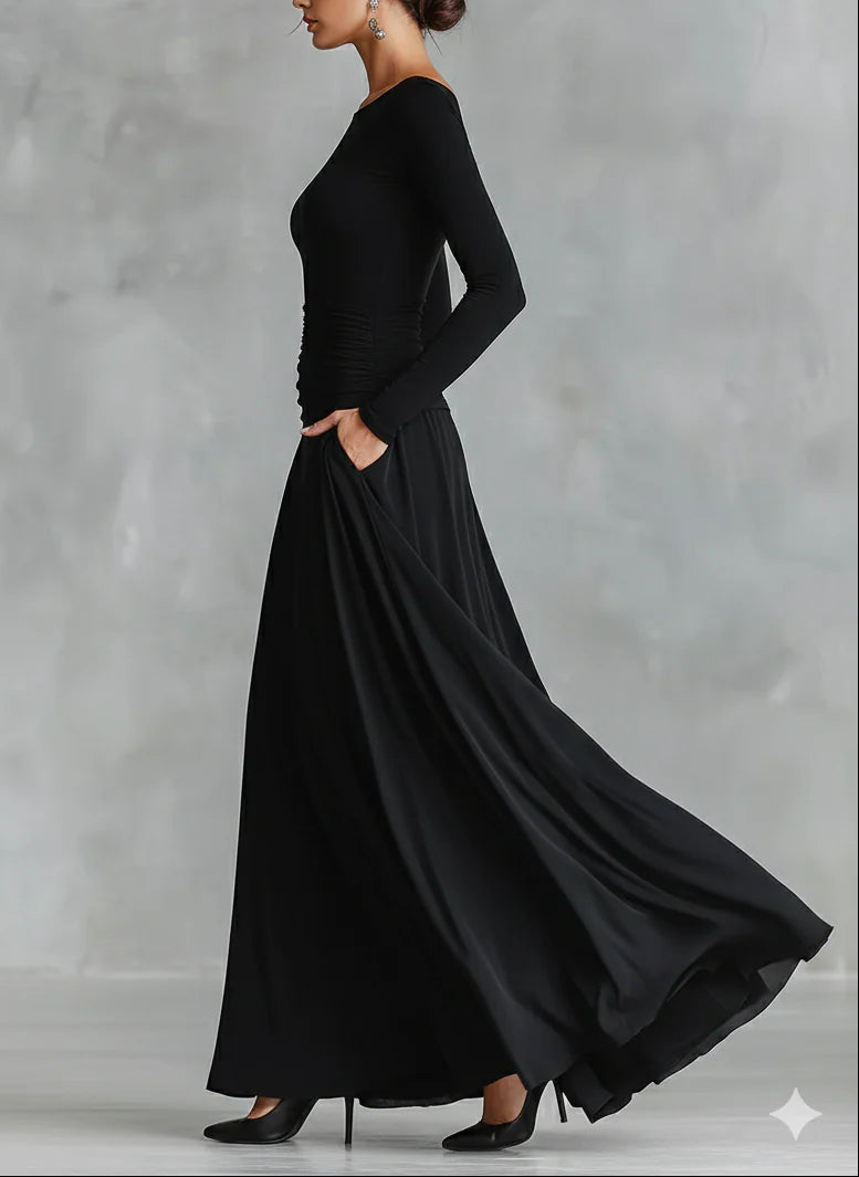 LONG BLACK PLEATED DRESS WITH BOAT NECK