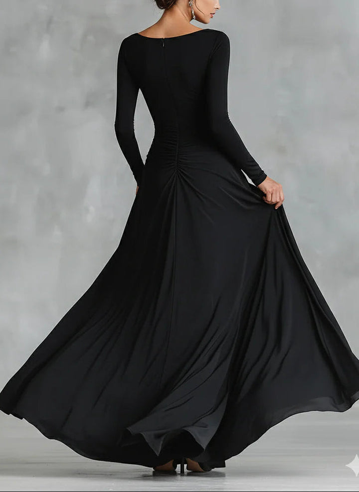 LONG BLACK PLEATED DRESS WITH BOAT NECK