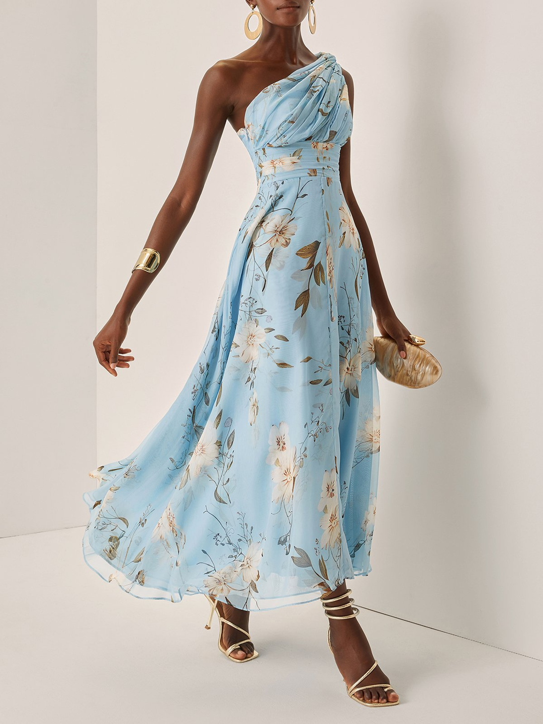 LIGHT BLUE ONE-SHOULDER PLEATED MAXI DRESS