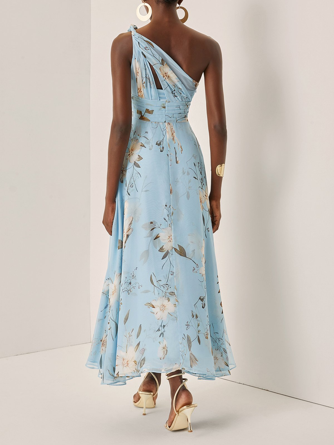 LIGHT BLUE ONE-SHOULDER PLEATED MAXI DRESS