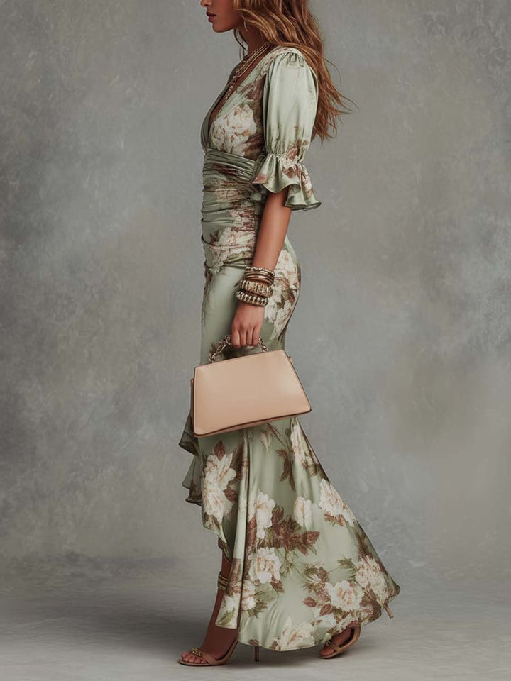 Aveline | Ruched Floral Slit Dress