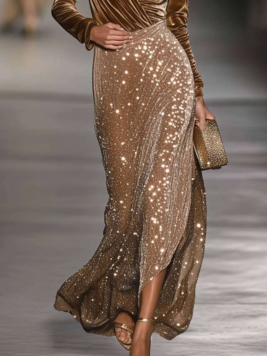 BROWN VELVET MAXI DRESS WITH V-NECK AND SEQUINS