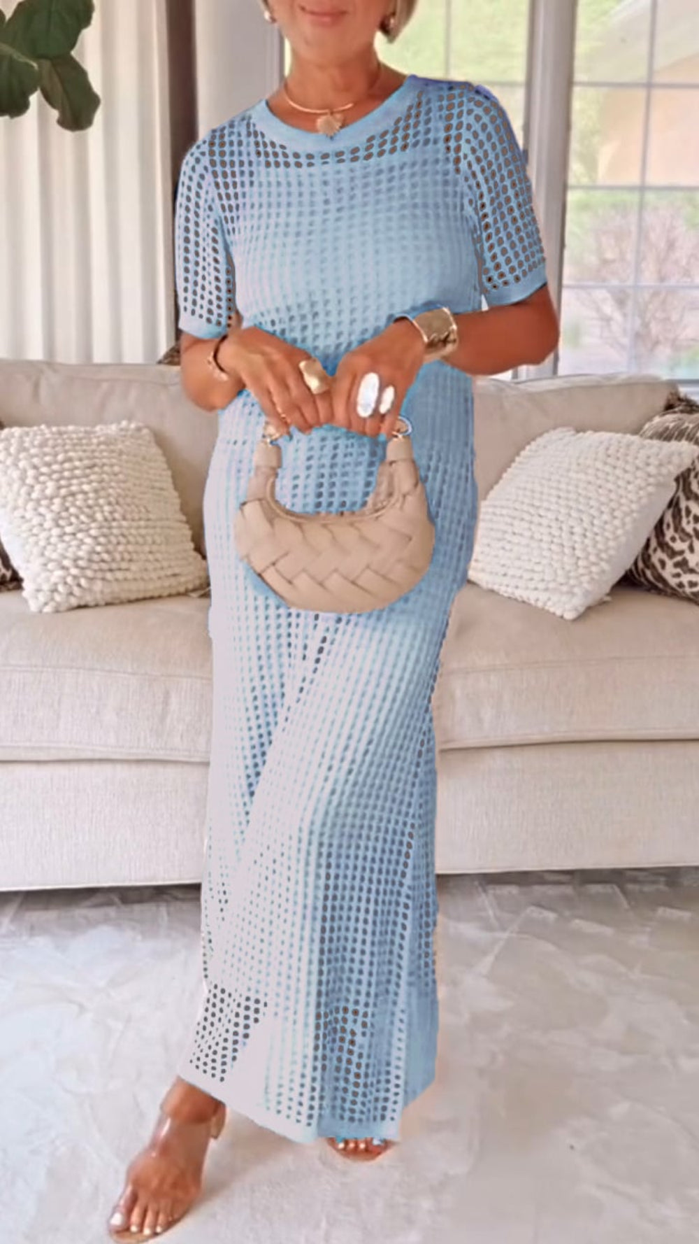 TWO-PIECE DRESS WITH BOAT NECK AND OPENWORK