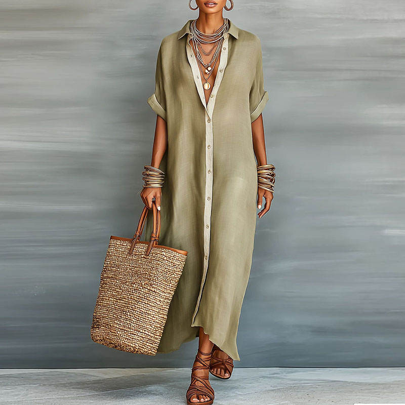 SHORT SLEEVE BUTTON-DOWN MAXI SHIRT DRESS