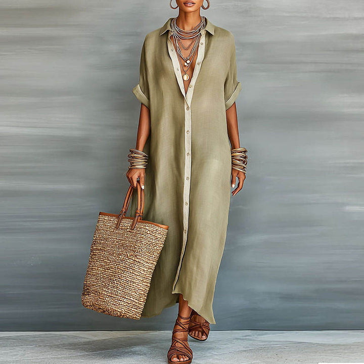 SHORT SLEEVE BUTTON-DOWN MAXI SHIRT DRESS
