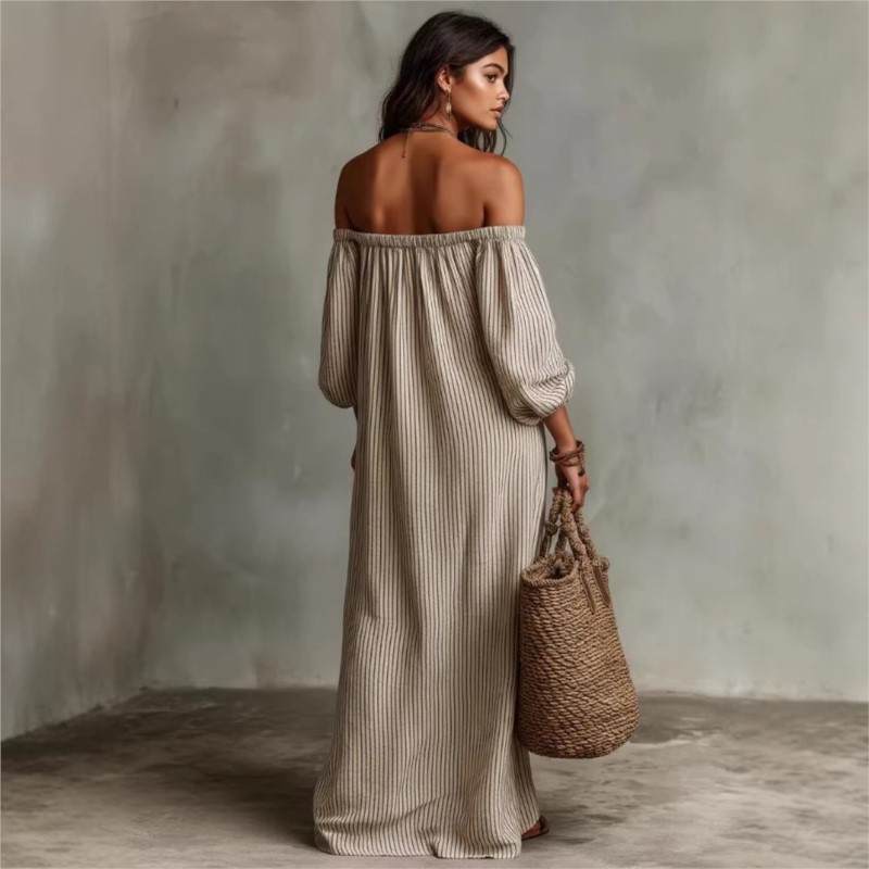 OFF-SHOULDER STRIPED MAXI DRESS