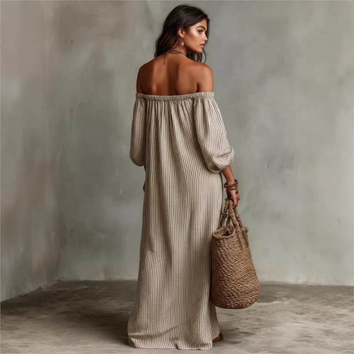OFF-SHOULDER STRIPED MAXI DRESS