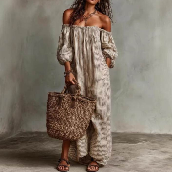 OFF-SHOULDER STRIPED MAXI DRESS