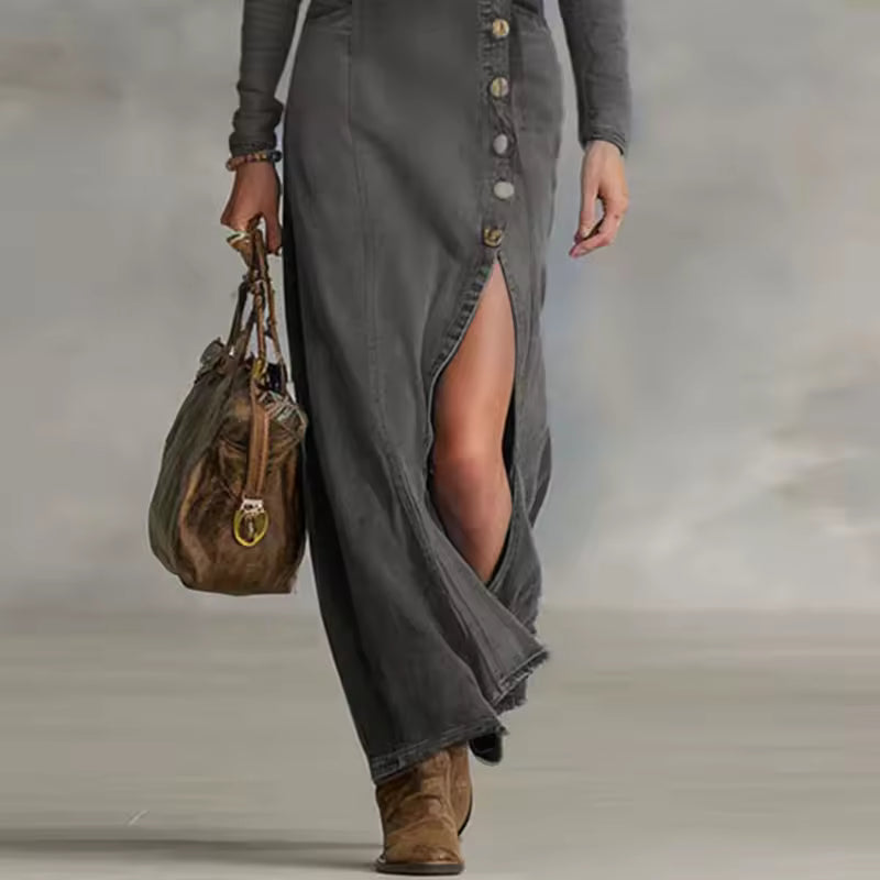 ASYMMETRICAL V-NECK DENIM MAXI DRESS