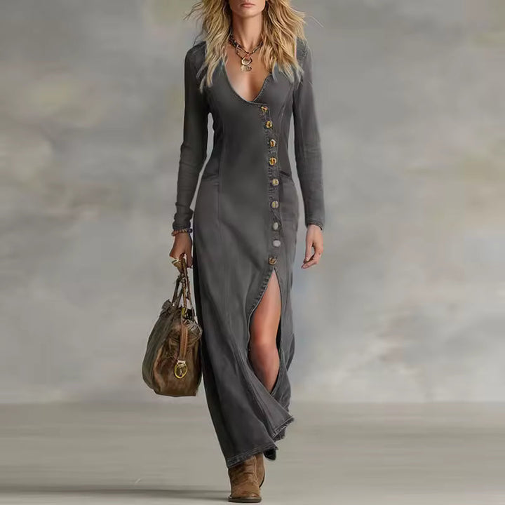 ASYMMETRICAL V-NECK DENIM MAXI DRESS