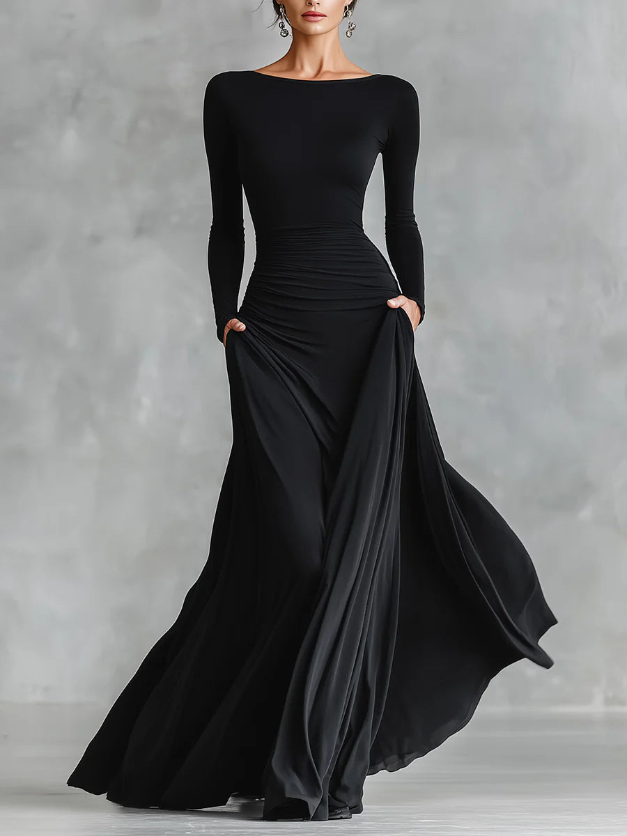 LONG BLACK PLEATED DRESS WITH BOAT NECK