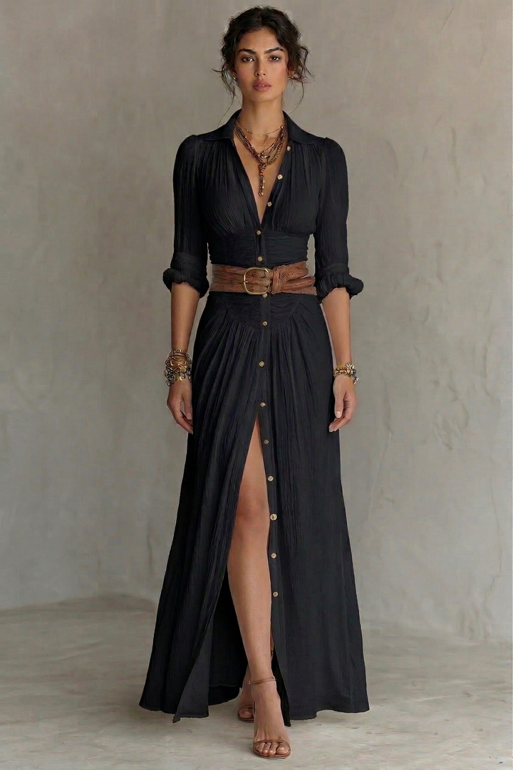 PLEATED V-NECK MAXI DRESS WITH BELT