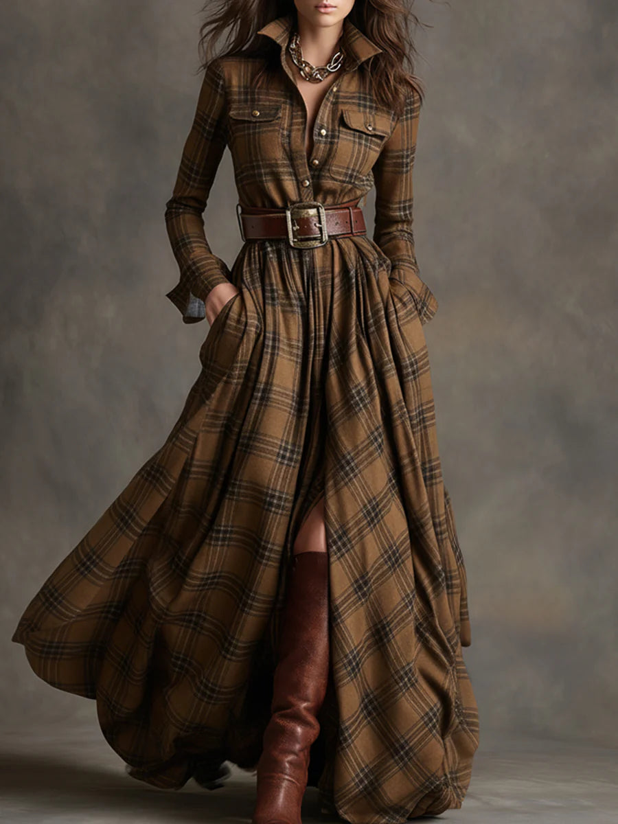 CHECKERED SHIRT DRESS WITH ADJUSTABLE BELT