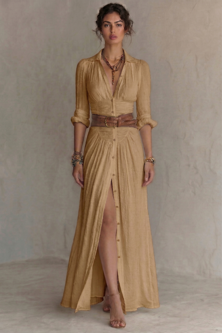 PLEATED V-NECK MAXI DRESS WITH BELT