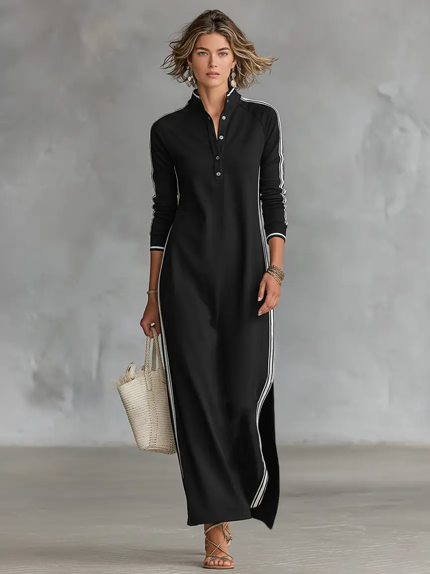 MAXI DRESS, SWEATSHIRT, BUTTON-DOWN COLLAR, WHITE TRIM