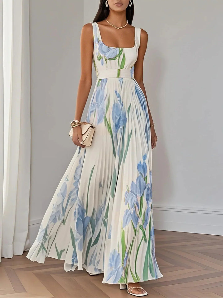 FLORAL PLEATED MAXI DRESS WITH SQUARE NECK