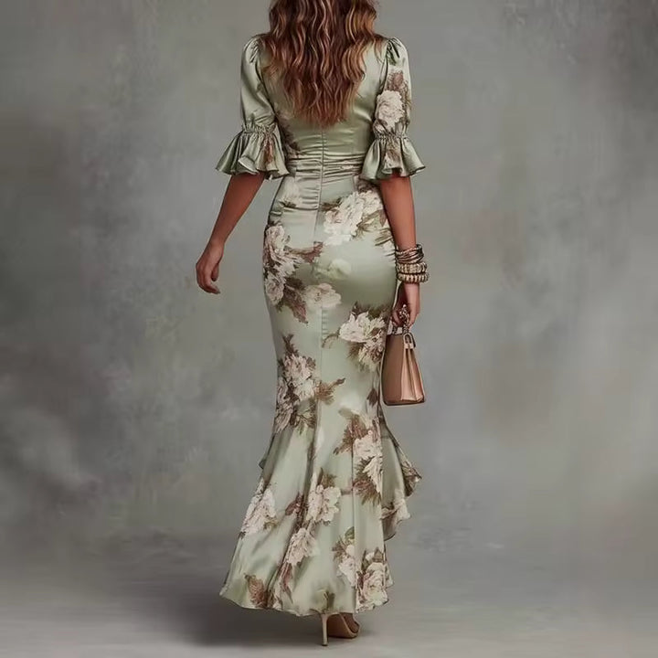 Lucía | Asymmetrical Long Satin Dress with Floral Print