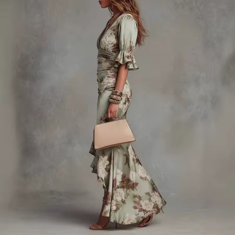 FLORAL MAXI DRESS V-NECK RUFFLES