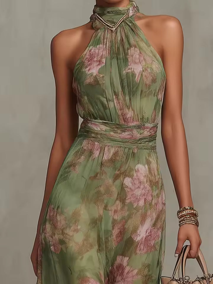 FLORAL HALTER CHIFFON MAXI DRESS