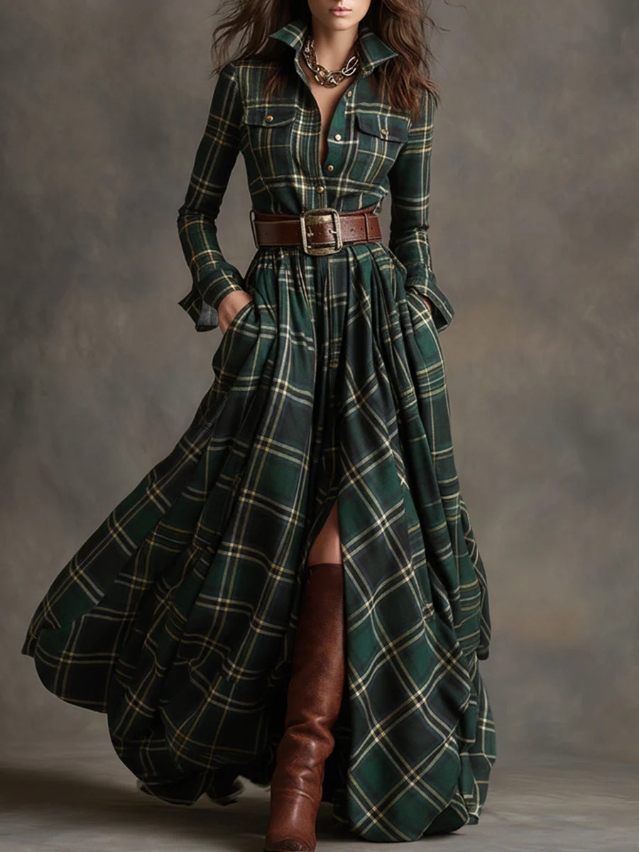 CHECKERED SHIRT DRESS WITH ADJUSTABLE BELT
