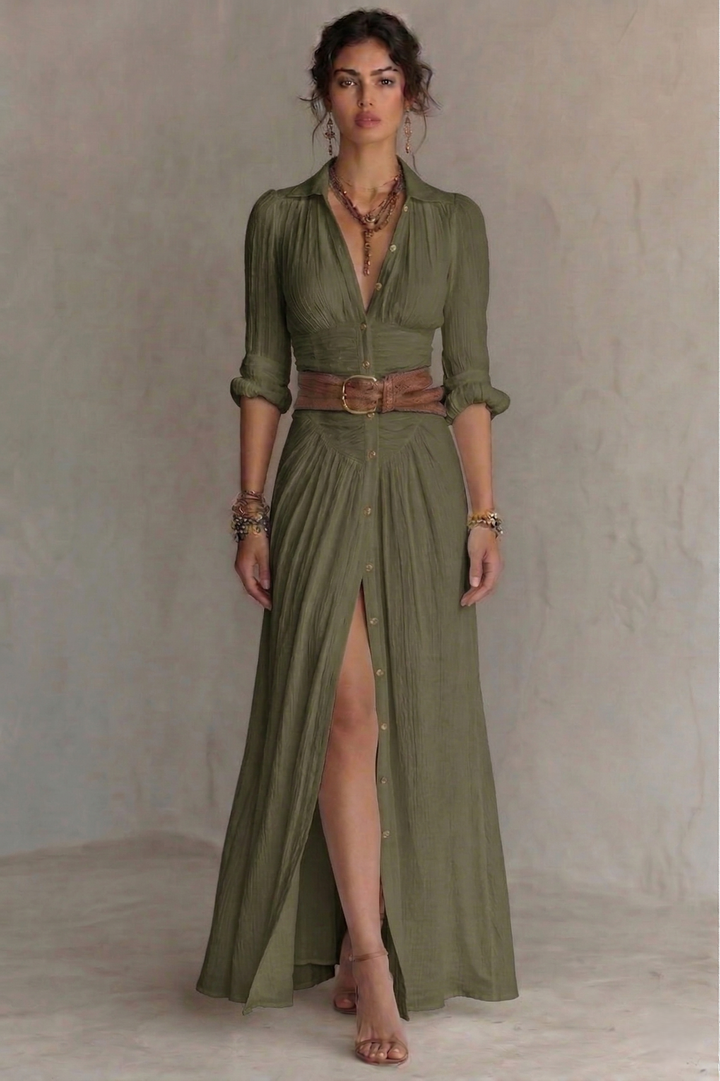 PLEATED V-NECK MAXI DRESS WITH BELT