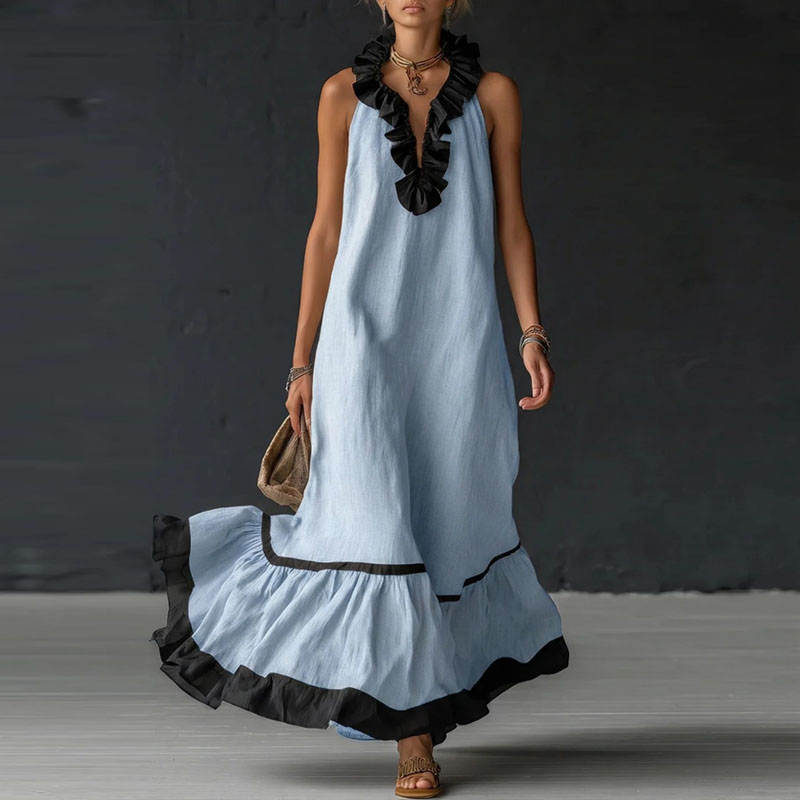 RUFFLED V-NECK MAXI DRESS